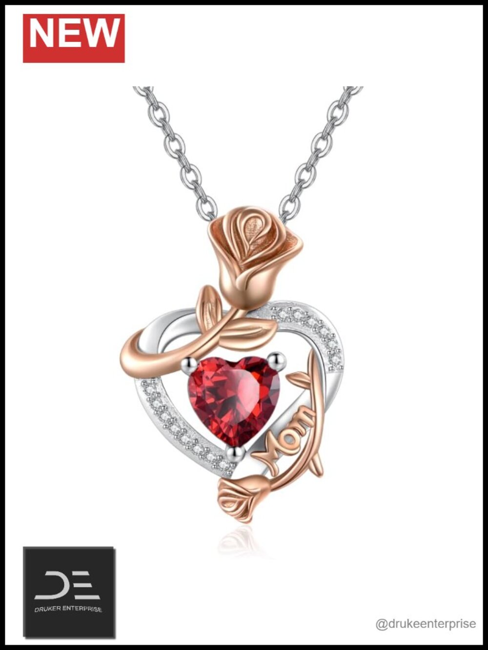 Sterling Silver Rose Heart Mom Necklace Cubic Zirconia Pendant Gift for Mom